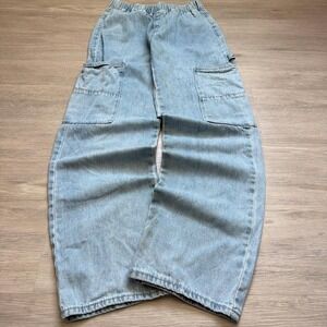 2000s Y2K Baggy Wide Leg Blue Cargo Jeans Distressed Grunge Fit